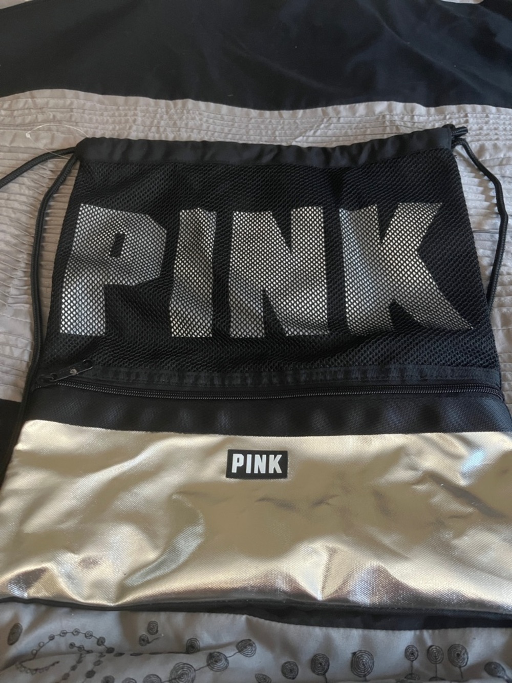 PINK Victoria's Secret Black Mesh and Silver Drawstring Bag